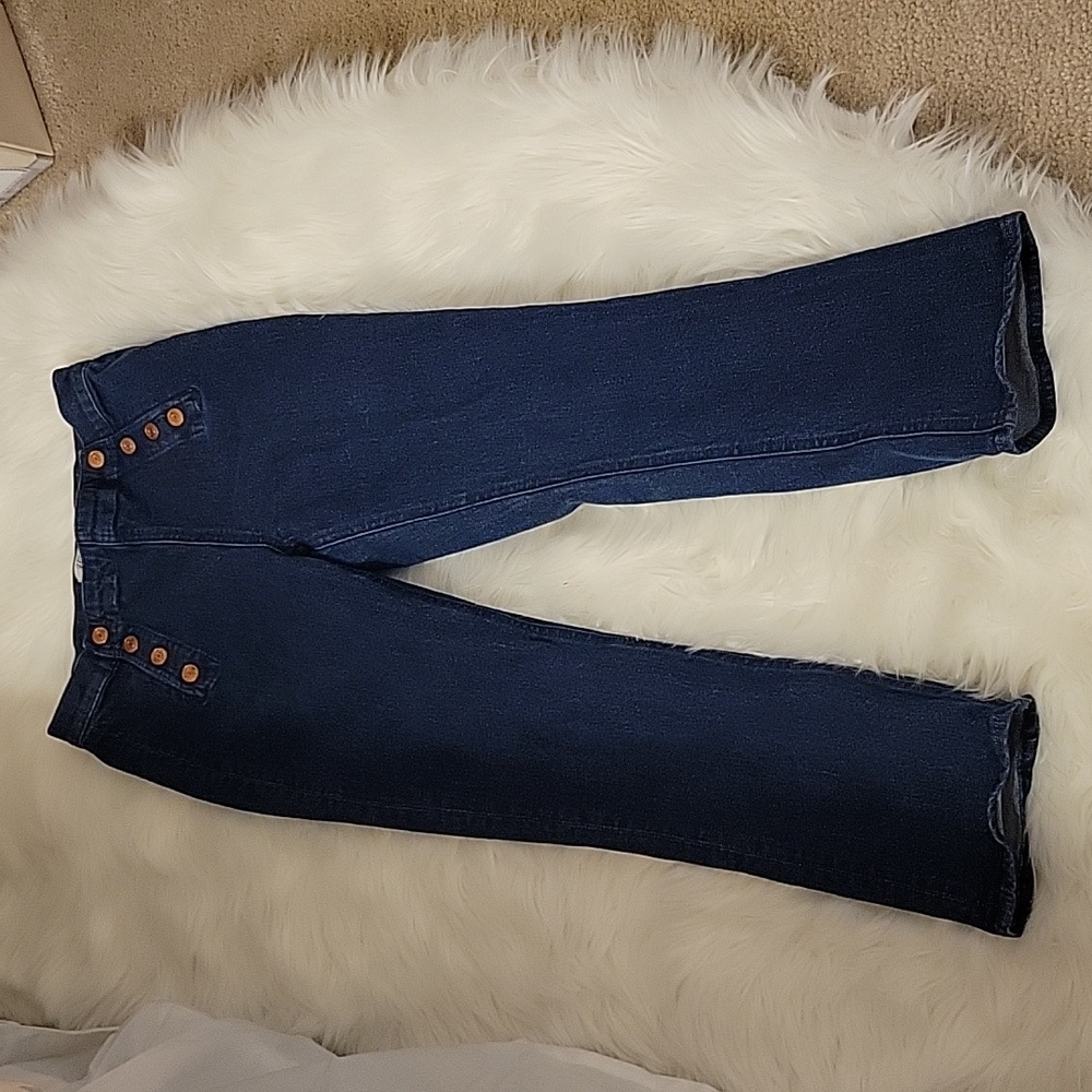 J Crew Billie Demi Boot crop demim blue jeans snap front close stretch 28 EUC…